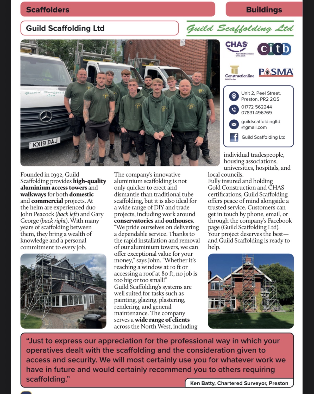 Guild Scaffolding Ltd featured in UK trade press — full-page profile with the team at the Preston yard